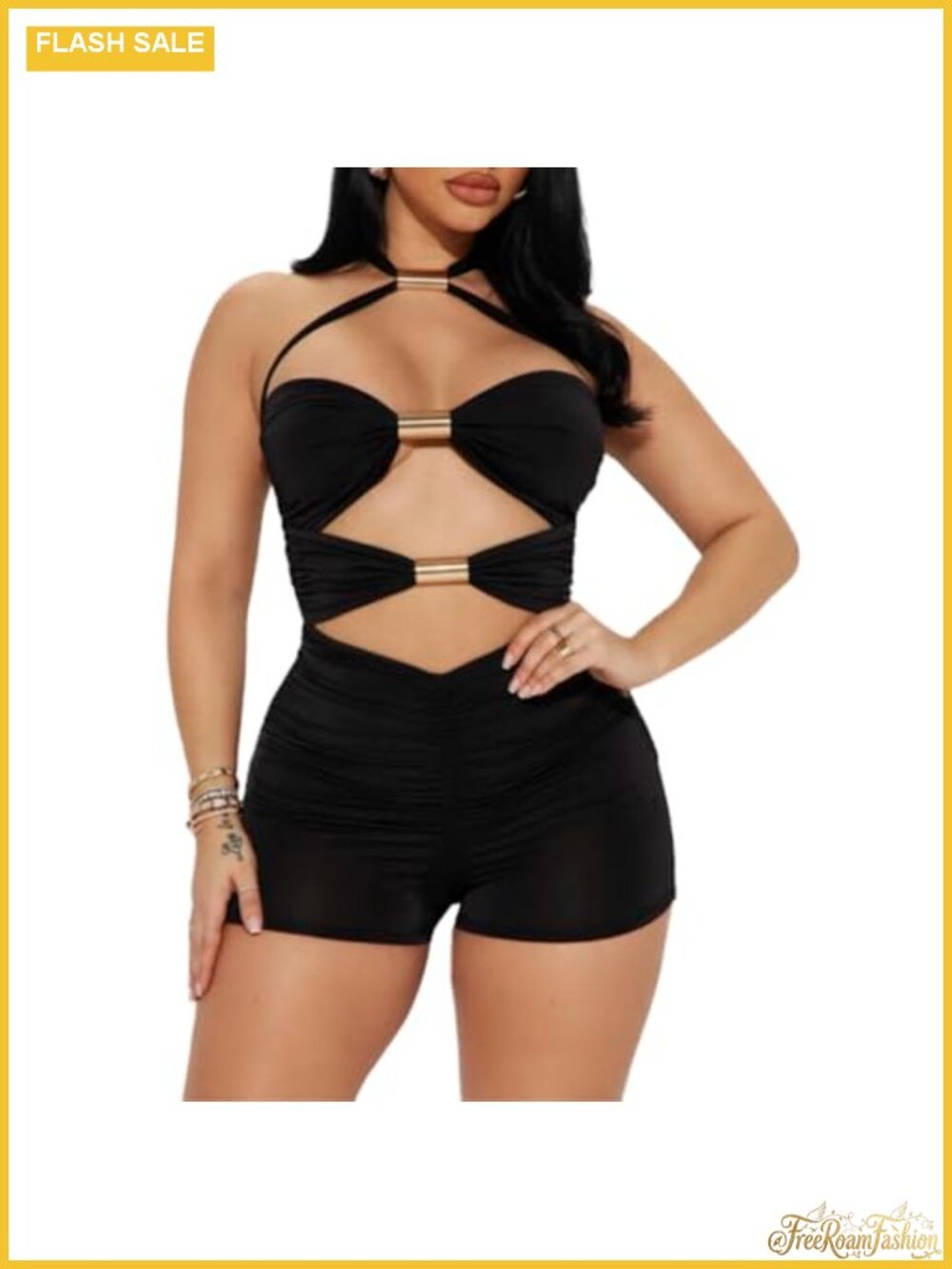 Women's Halter Neck Cutout Backless Romper Bodycon Shorts Jumpsuit
